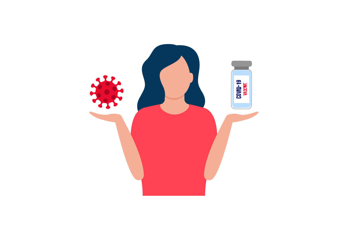 illustration of female in red shirt holding a symbol of SARS-CoV-2 in one hand and a vaccine vile in the other hand