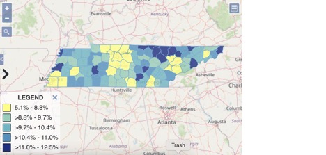 Prevalence of COPD in Tennessee by county (2019)