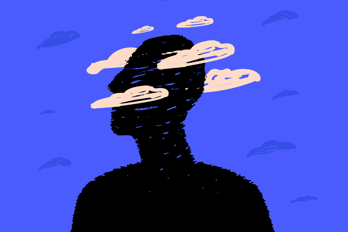 illustration of silhouette with clouds around the head on purple background