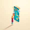 Teenager girl in depression Mental stress from messages on social networks The concept of online bullying in smartphones. isometric vector illustration.