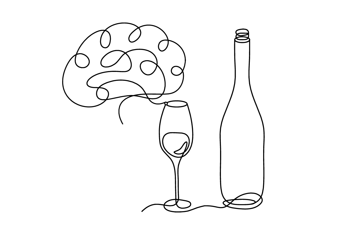 Drawing line bottle of champagne or wine with brain