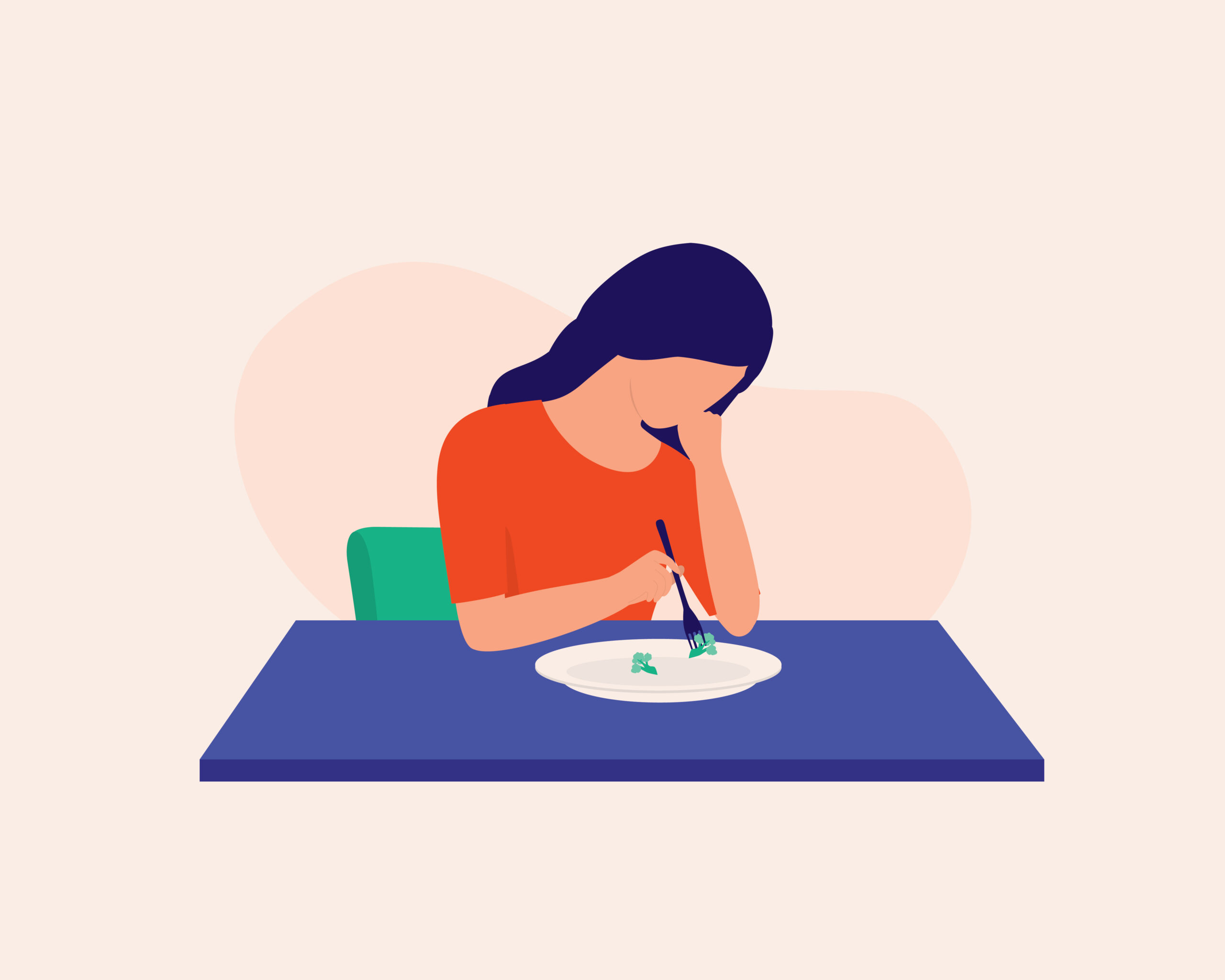 Illustration of depressed person just eating a small amount of food.