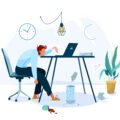 Illustration of tired male office worker sitting on the chair and trying work at the computer.