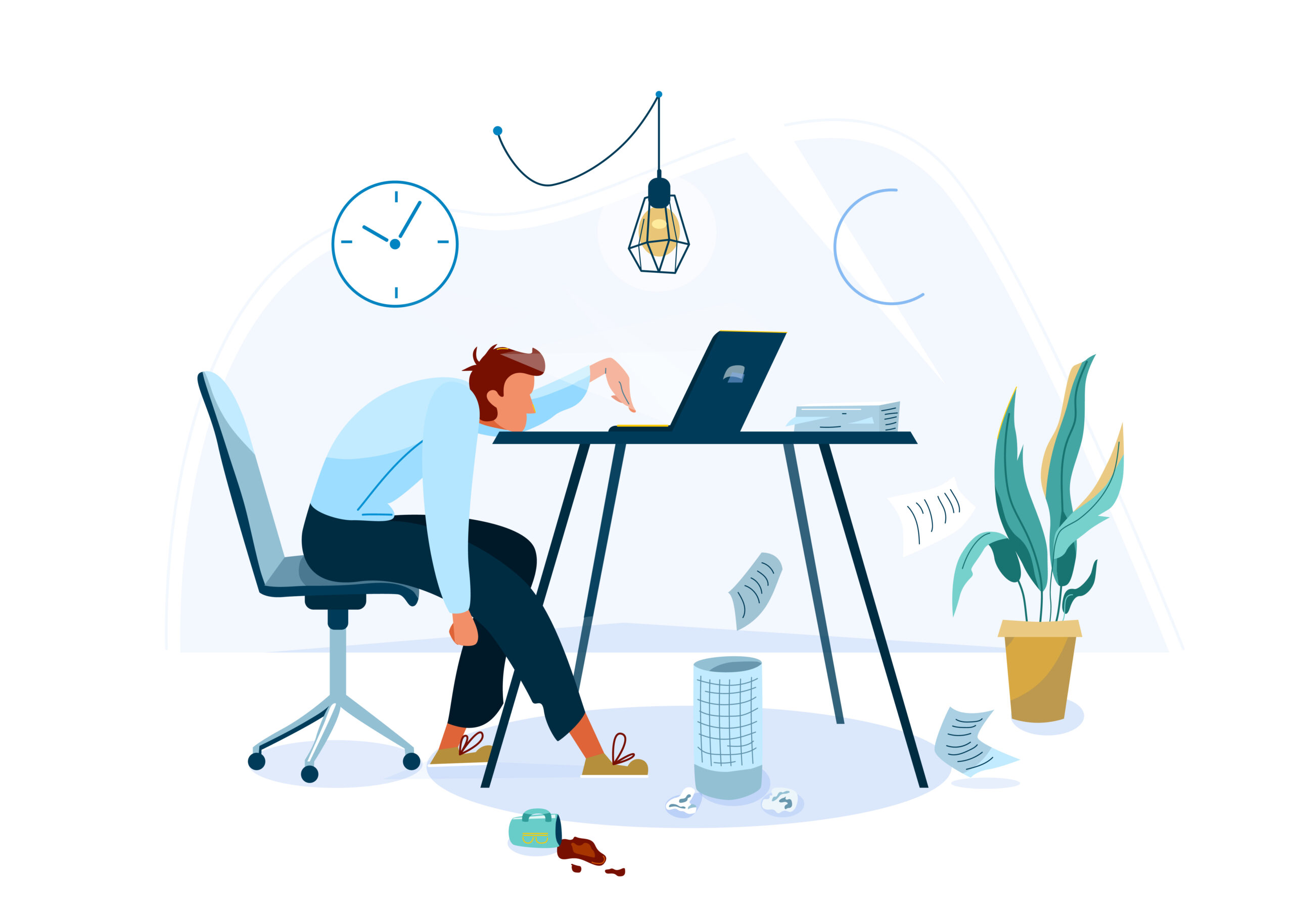 Illustration of tired male office worker sitting on the chair and trying work at the computer.