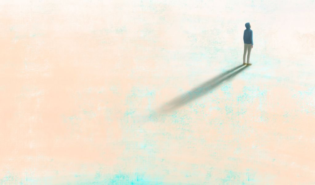 Illustration of a person alone on a muted canvas, looking into the distance with shadow of the person's figure.