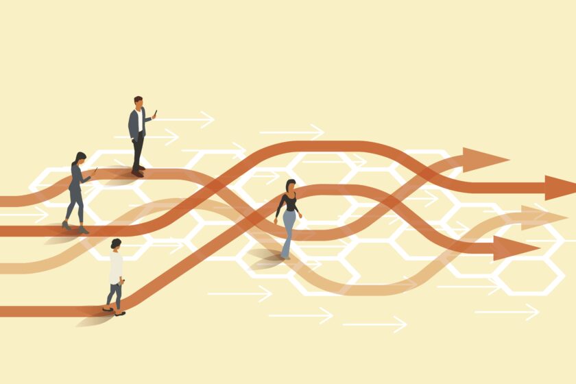 Illustration of workers on changing paths forward.