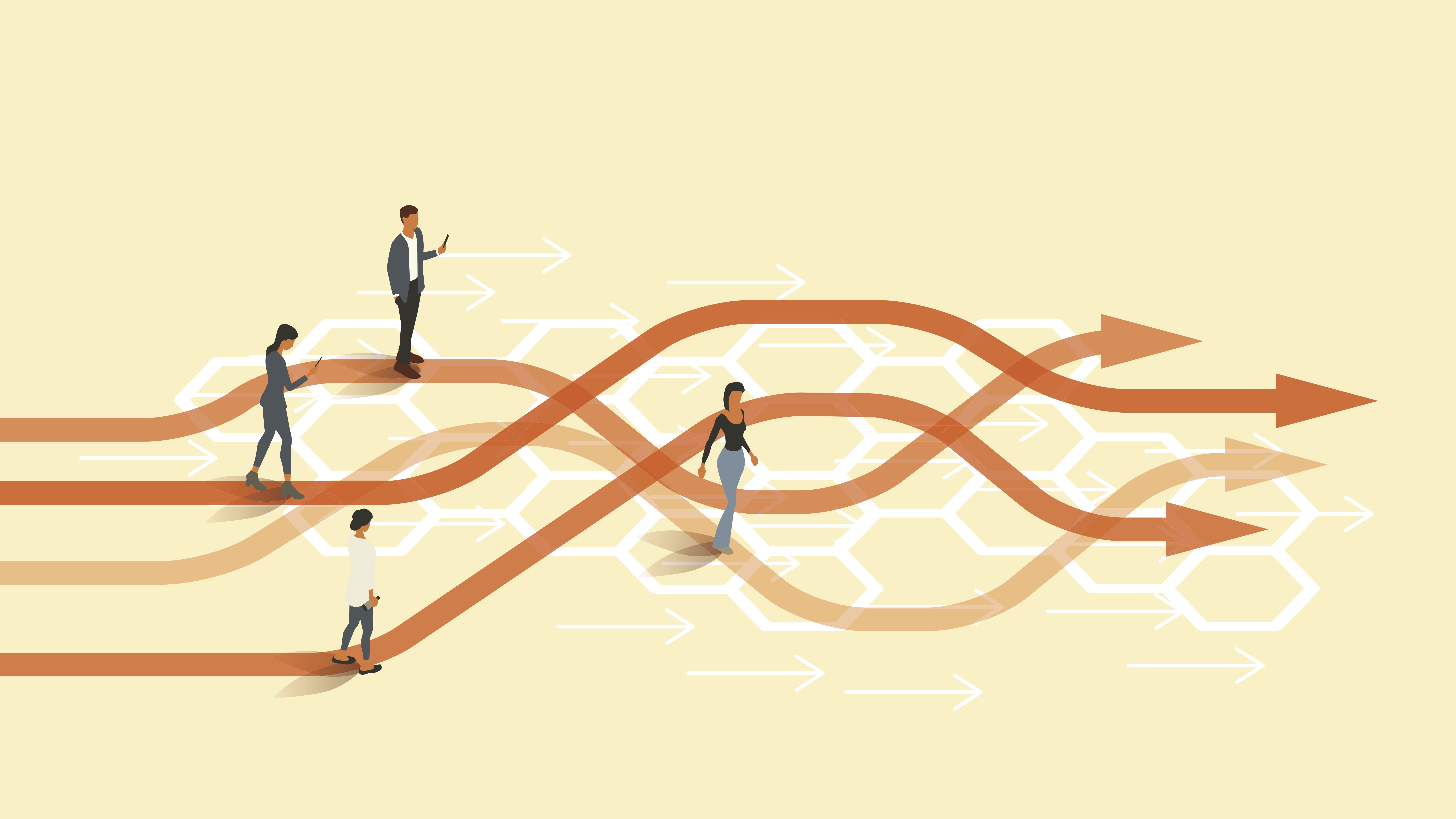 Illustration of workers on changing paths forward.