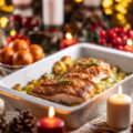 Christmas dinner of salmon fish with potatoes in a baking dish