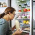 woman smelling milk by the fridge
