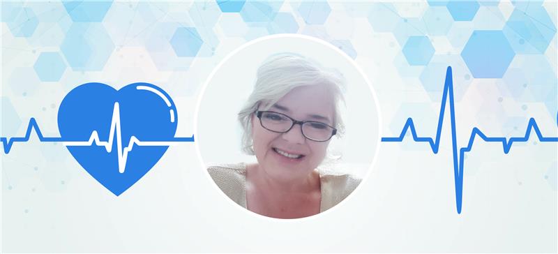 photo of the subject of the story, Alecia Cordell with background of EKG illustration.