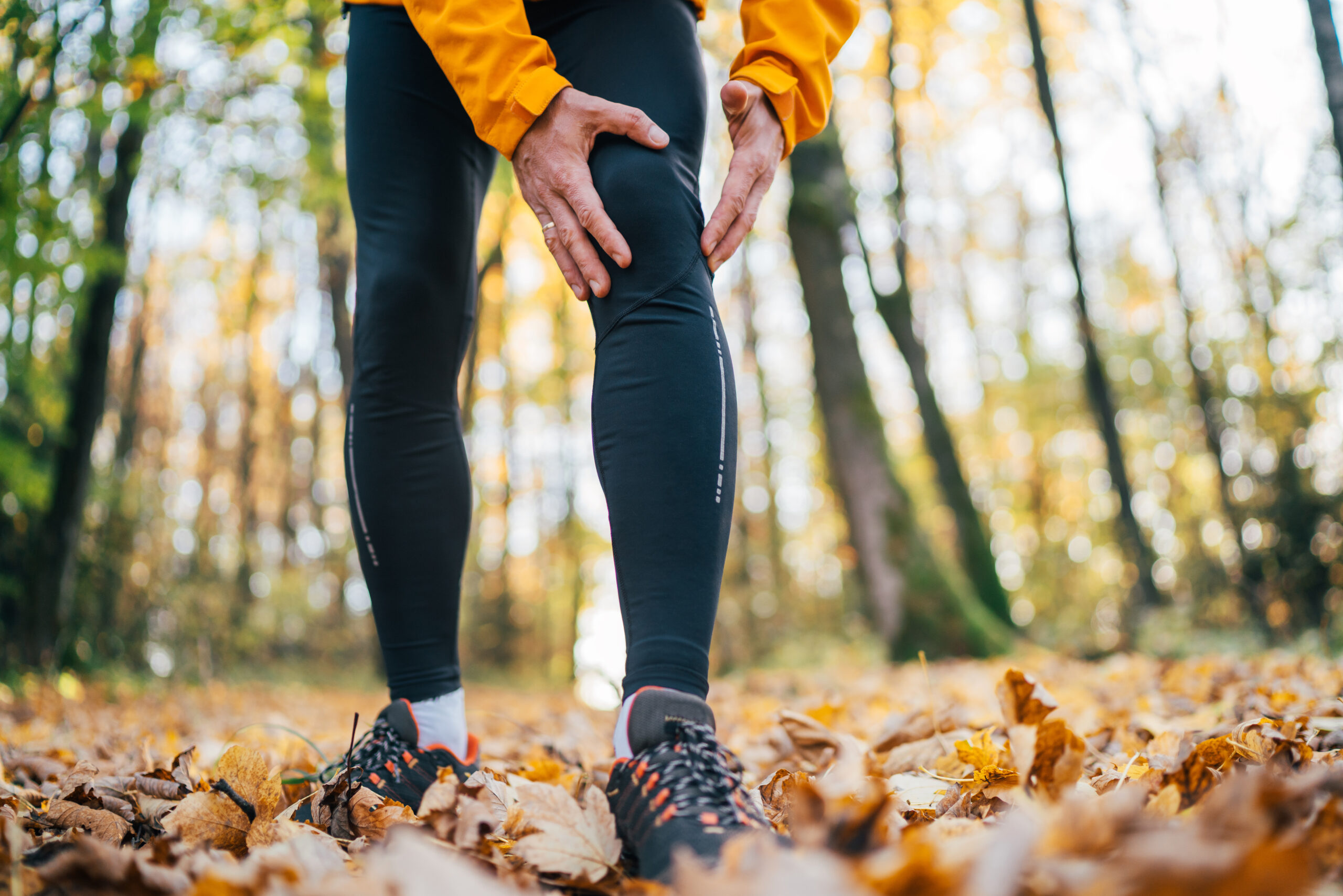 Close-up image of runner athlete dressed sporty on the running path standing and feeling acute knee pain while morning jogging in yellow autumn park